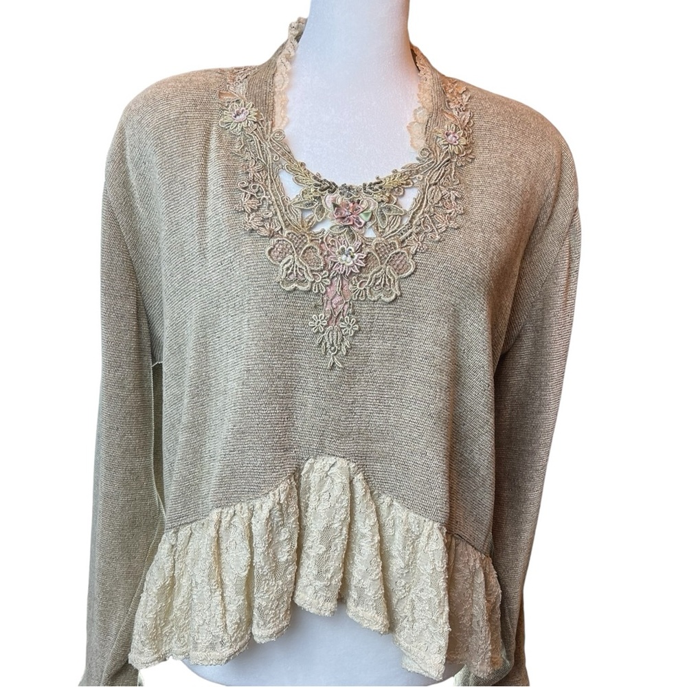 USA Vintage PHUN Shirts Women’s Pant and Shirt Set Tan with Lace Beaded Sz L
